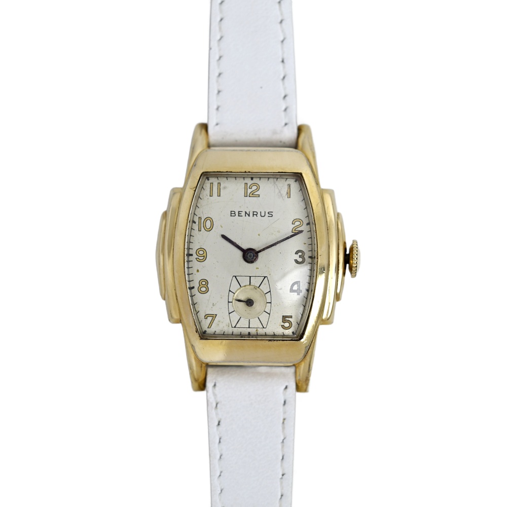 Benrus Tank Art Deco 1930's Gold Filled White Genuine Leather Vintage Watch Wind